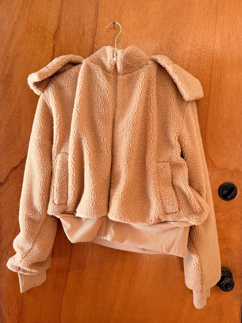 Quince hooded Sherpa teddy jacket camel tan size L